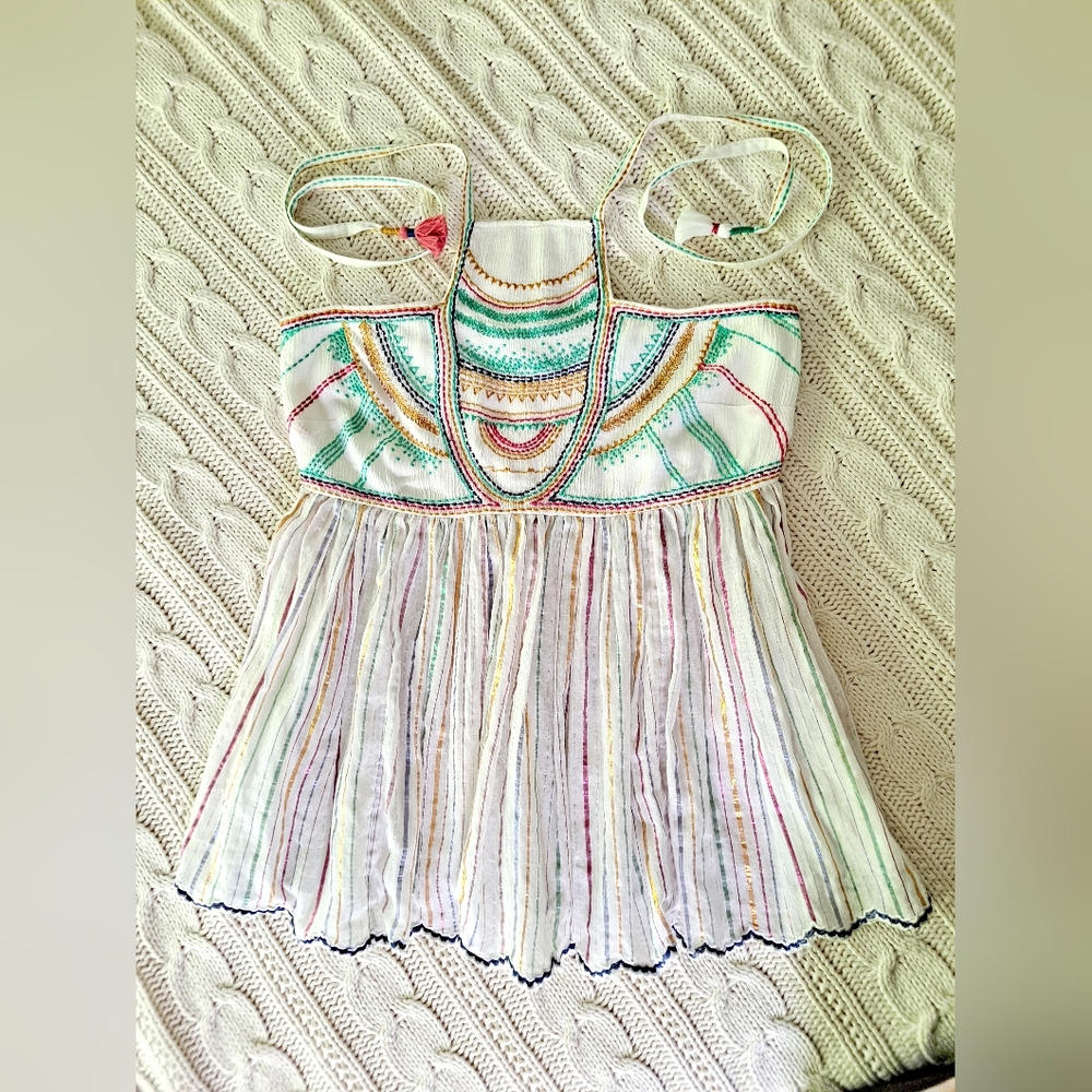 Anthropologie Floreat Itzel embroidered halter top. Side 0. Metallic threads